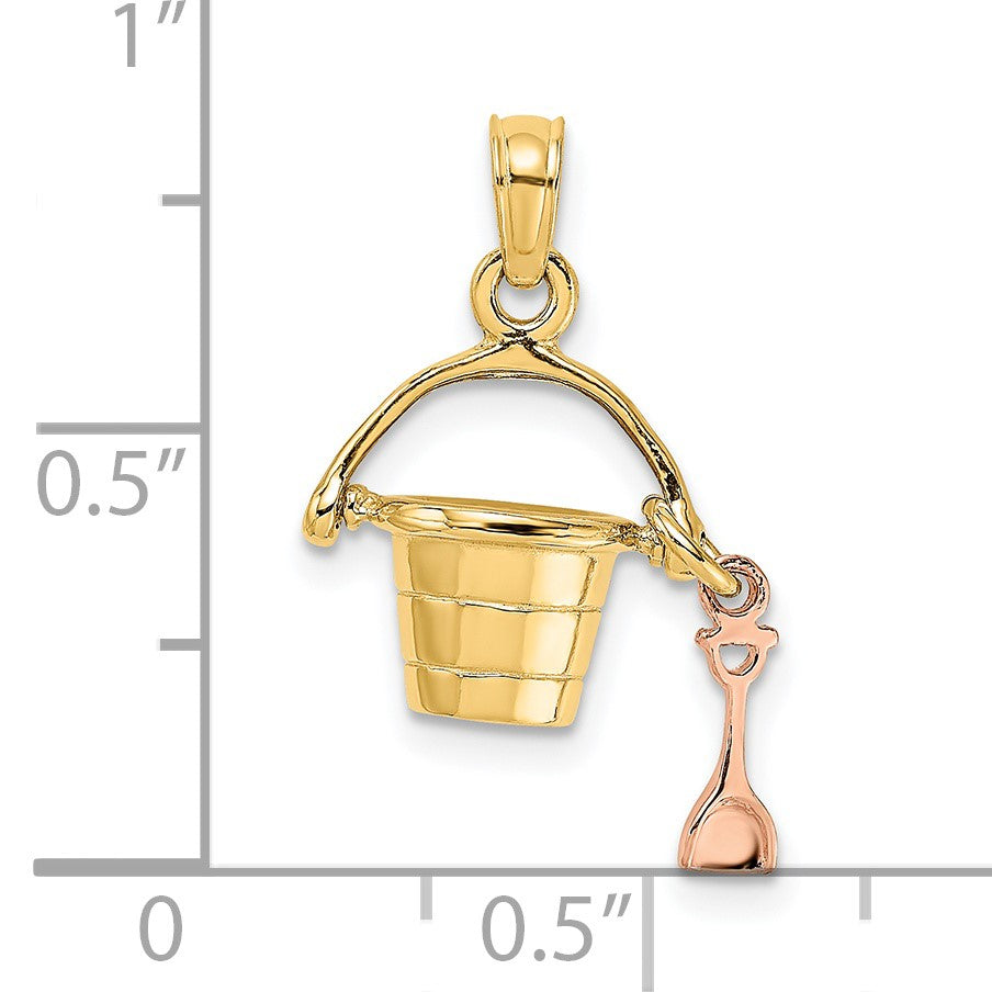 14K Rose and Yellow Gold 3-D Beach Bucket and Moveable Shovel Charm