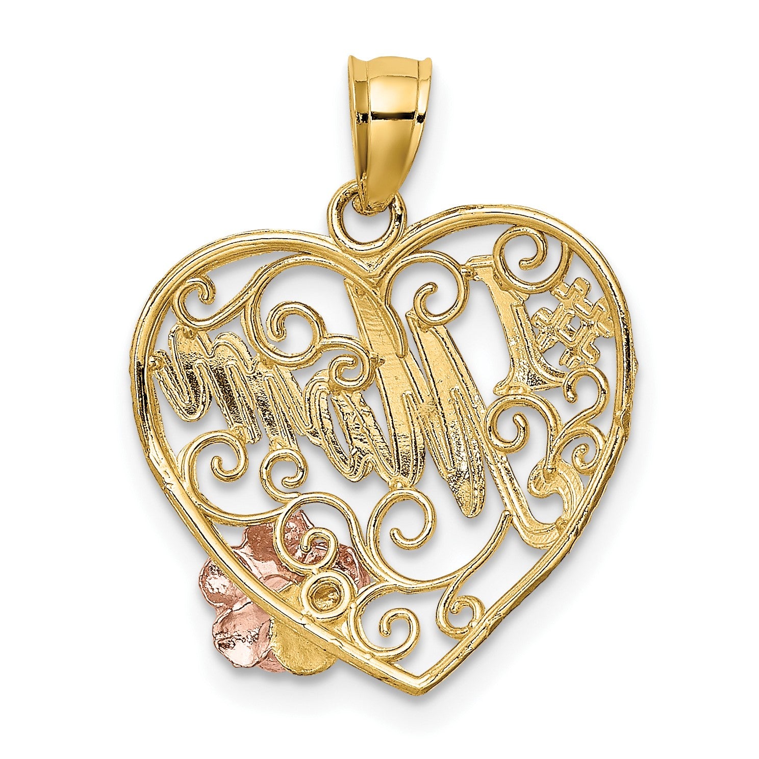 14k Two-tone with White Rhodium #1 MOM with Flower Heart Charm