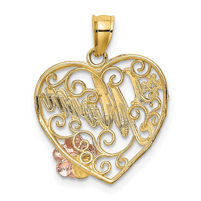 14k Two-tone with White Rhodium #1 MOM with Flower Heart Charm