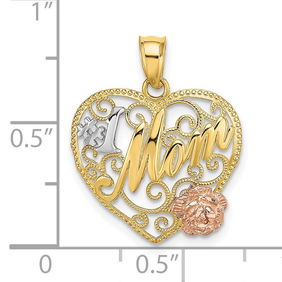 14k Two-tone with White Rhodium #1 MOM with Flower Heart Charm