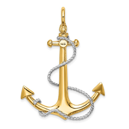 14K w/Rhodium 3-D Large Anchor w/Rope and Shackle Bail Charm