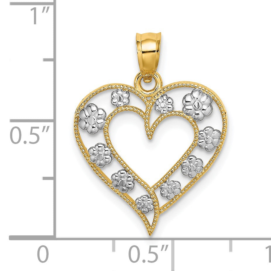 14k Two-Tone Textured Cut-Out Heart with Flowers Charm