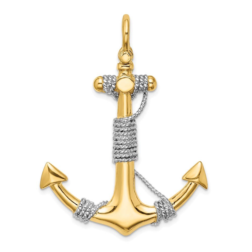 14K 3-D Large Anchor Wrapped Rope Charm Yellow Gold with Rhodium Plating