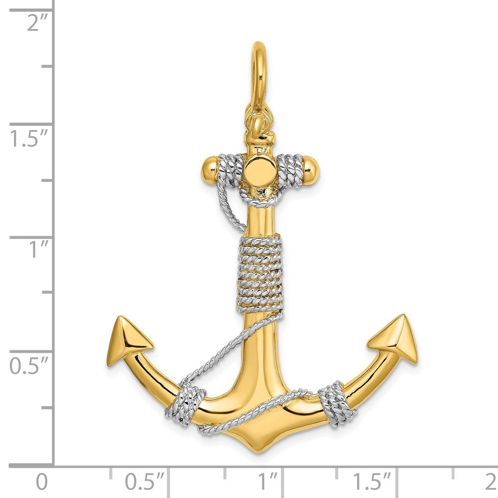 14K 3-D Large Anchor Wrapped Rope Charm Yellow Gold with Rhodium Plating