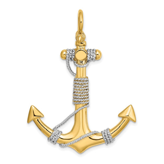 14K 3-D Large Anchor Wrapped Rope Charm Yellow Gold with Rhodium Plating