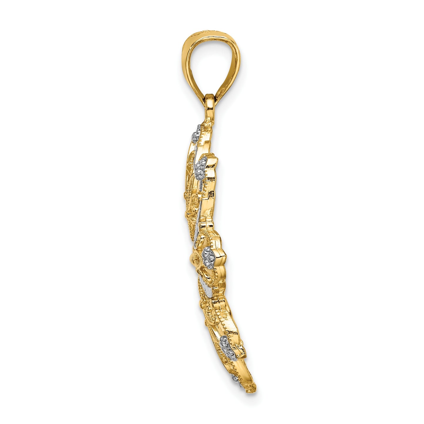 14K and White Rhodium Diamond-cut Flower Pendant