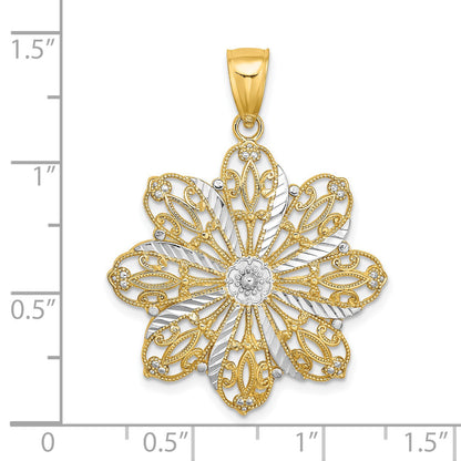 14K and White Rhodium Diamond-cut Flower Pendant