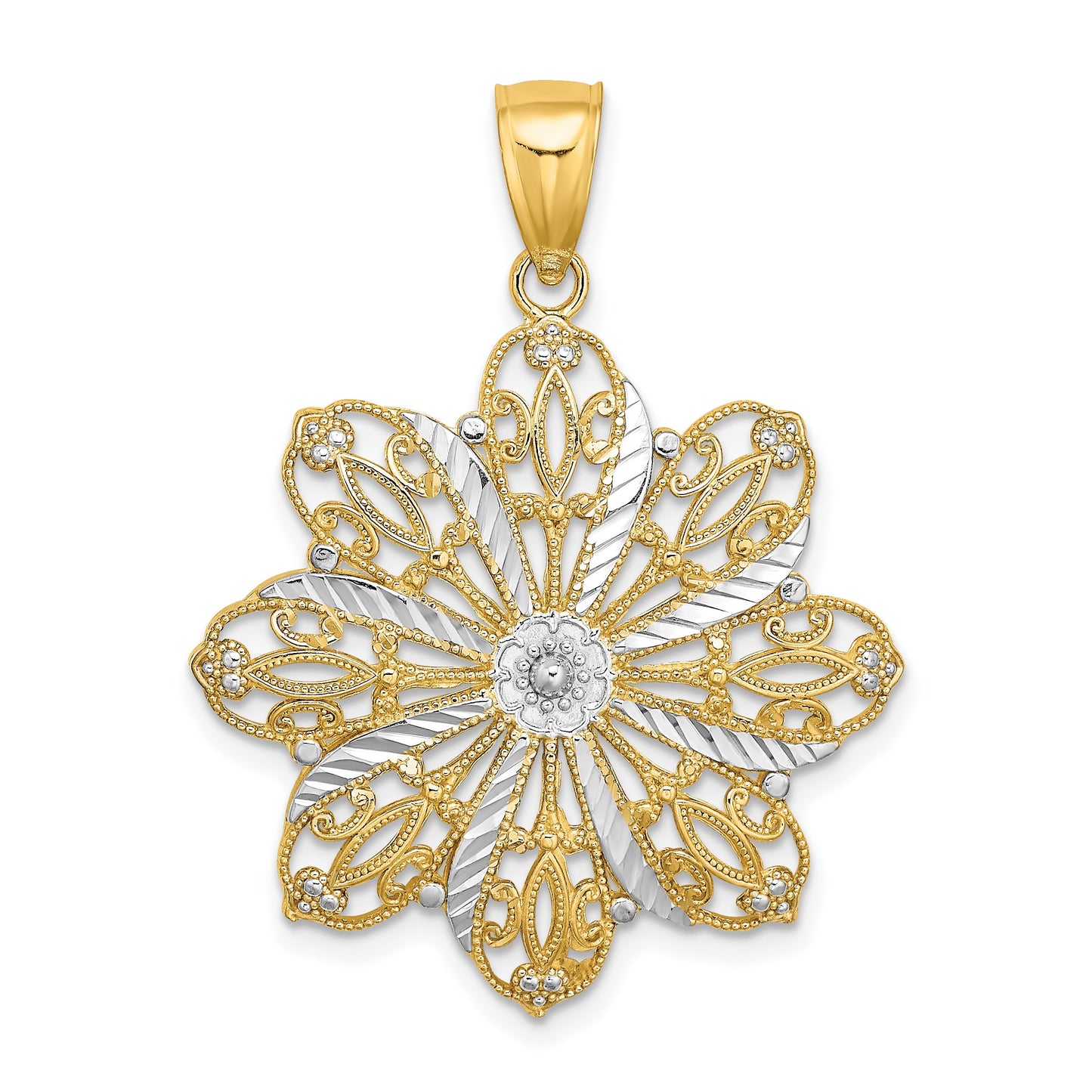 14K and White Rhodium Diamond-cut Flower Pendant