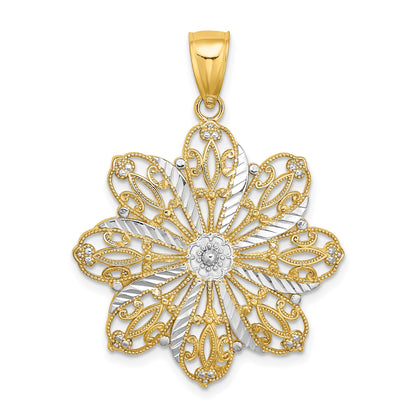 14K and White Rhodium Diamond-cut Flower Pendant