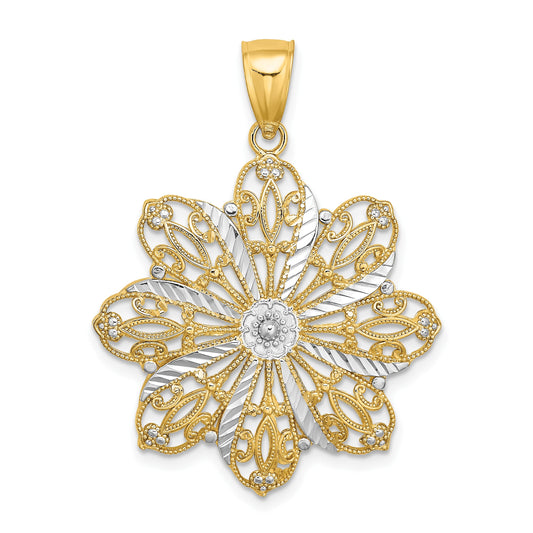 14K and White Rhodium Diamond-cut Flower Pendant