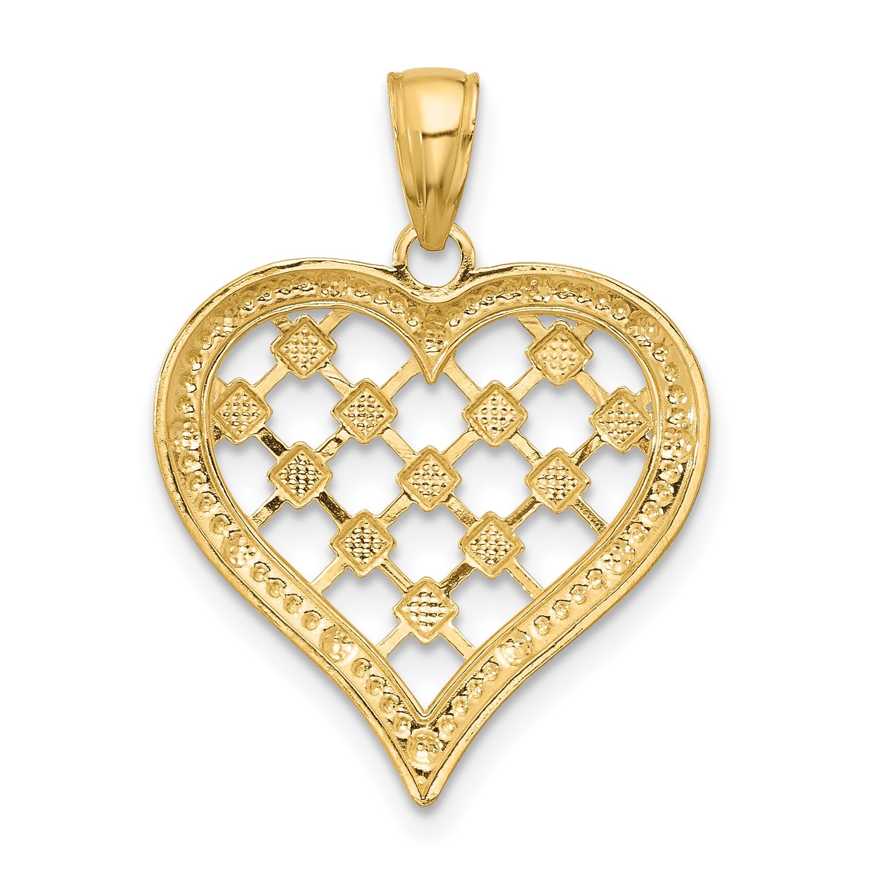 14k and White Rhodium Border Diamond-cut Heart Charm