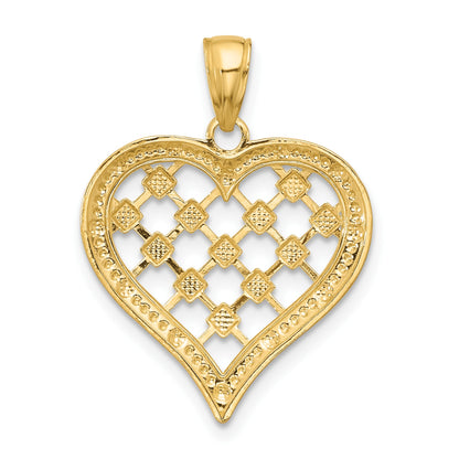 14k and White Rhodium Border Diamond-cut Heart Charm