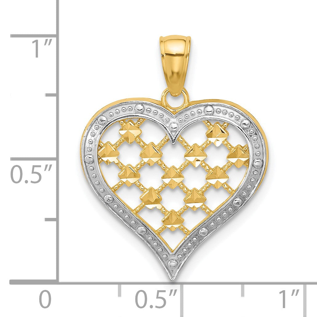 14k and White Rhodium Border Diamond-cut Heart Charm
