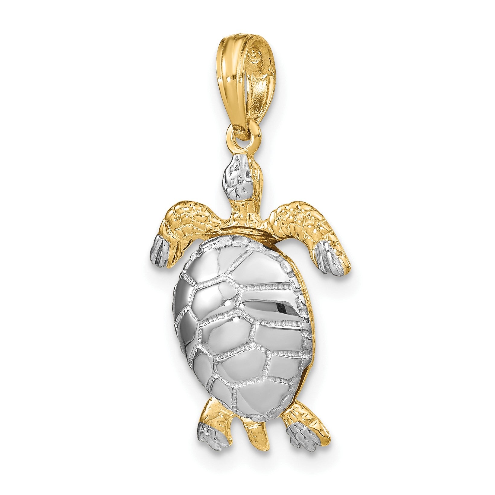 14K and White Rhodium Polished 3-D Sea Turtle with Moveable Head and Legs Charm