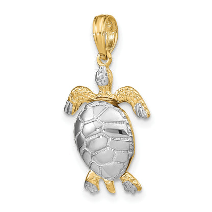 14K and White Rhodium Polished 3-D Sea Turtle with Moveable Head and Legs Charm