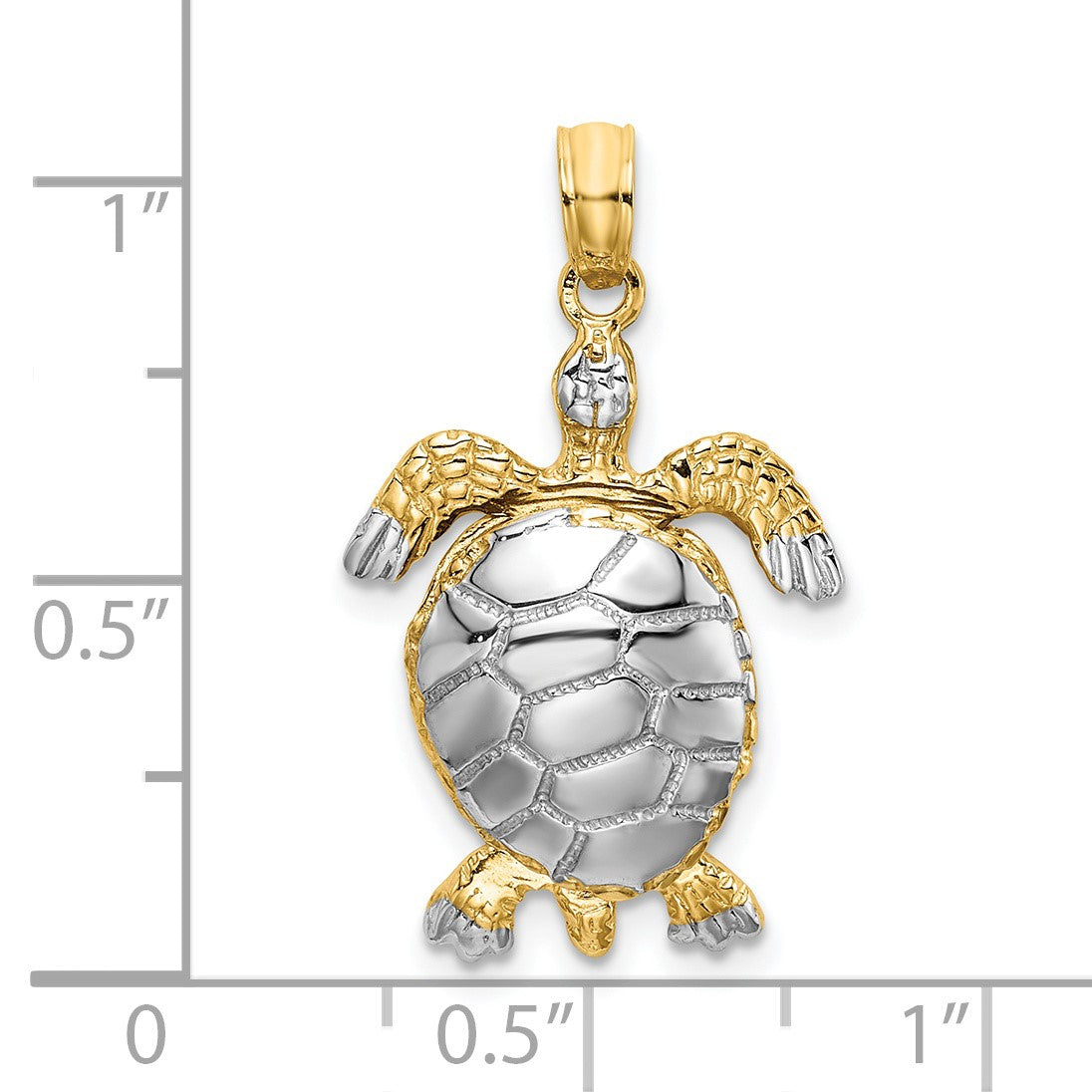 14K and White Rhodium Polished 3-D Sea Turtle with Moveable Head and Legs Charm