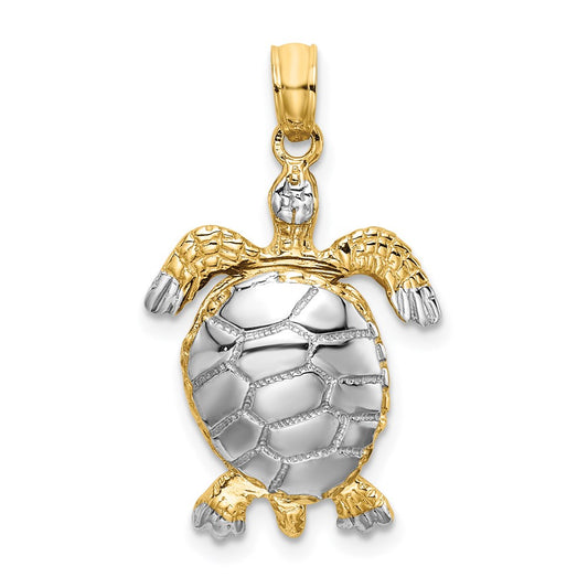 14K with White Rhodium Polished 3-D Moveable Sea Turtle Charm