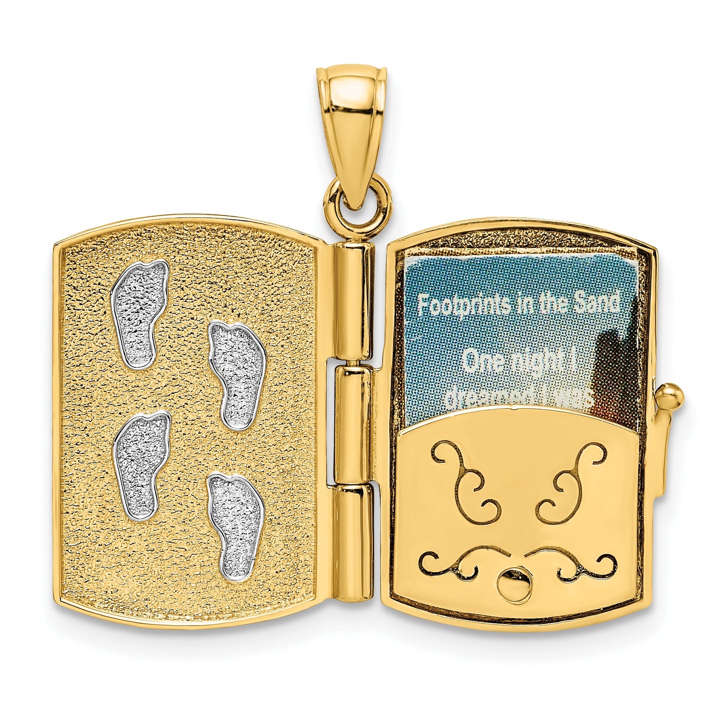 14K and White Rhodium 3-D FOOTPRINTS IN THE SAND Moveable Book with Paper Poem Insert Charm