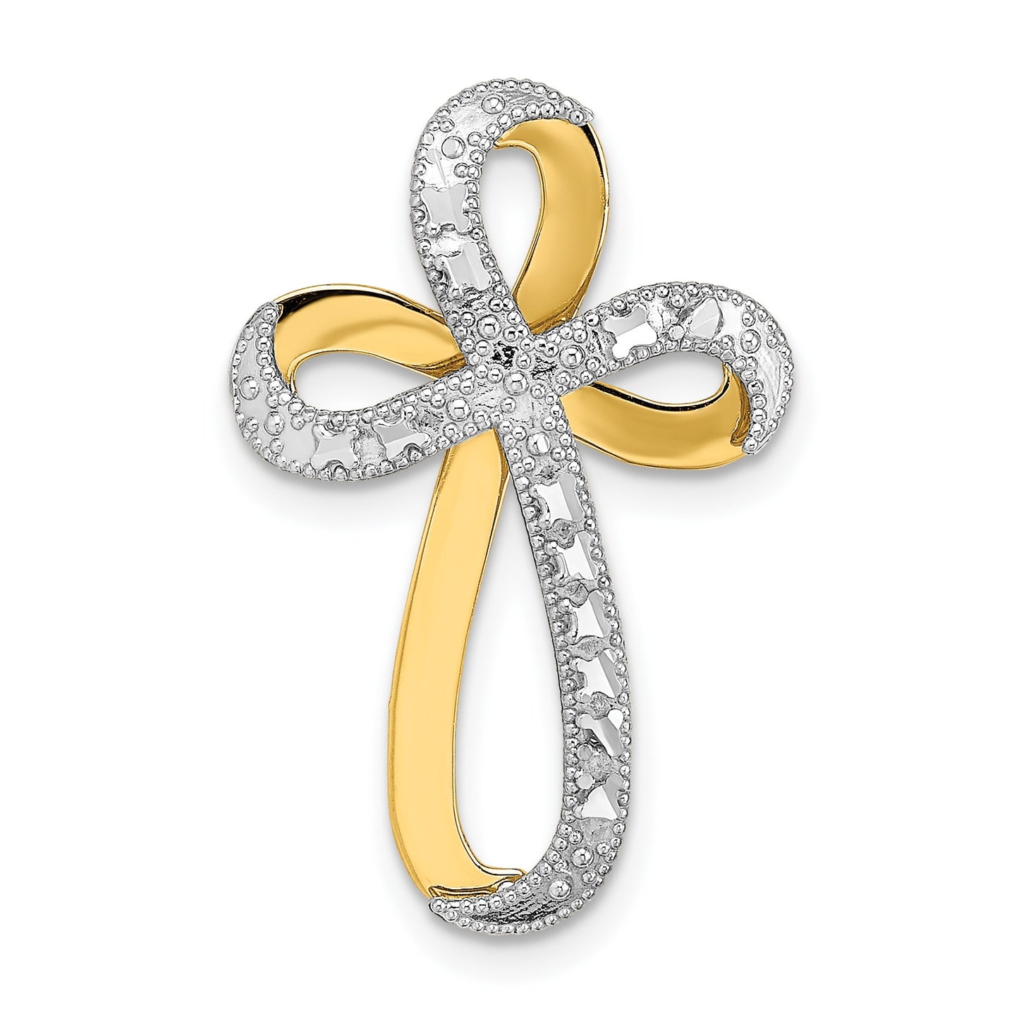 14K and White Rhodium Diamond-Cut Ribbon Cross Charm
