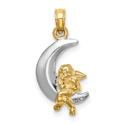 14K and White Rhodium 3-D Angel on Moon Charm