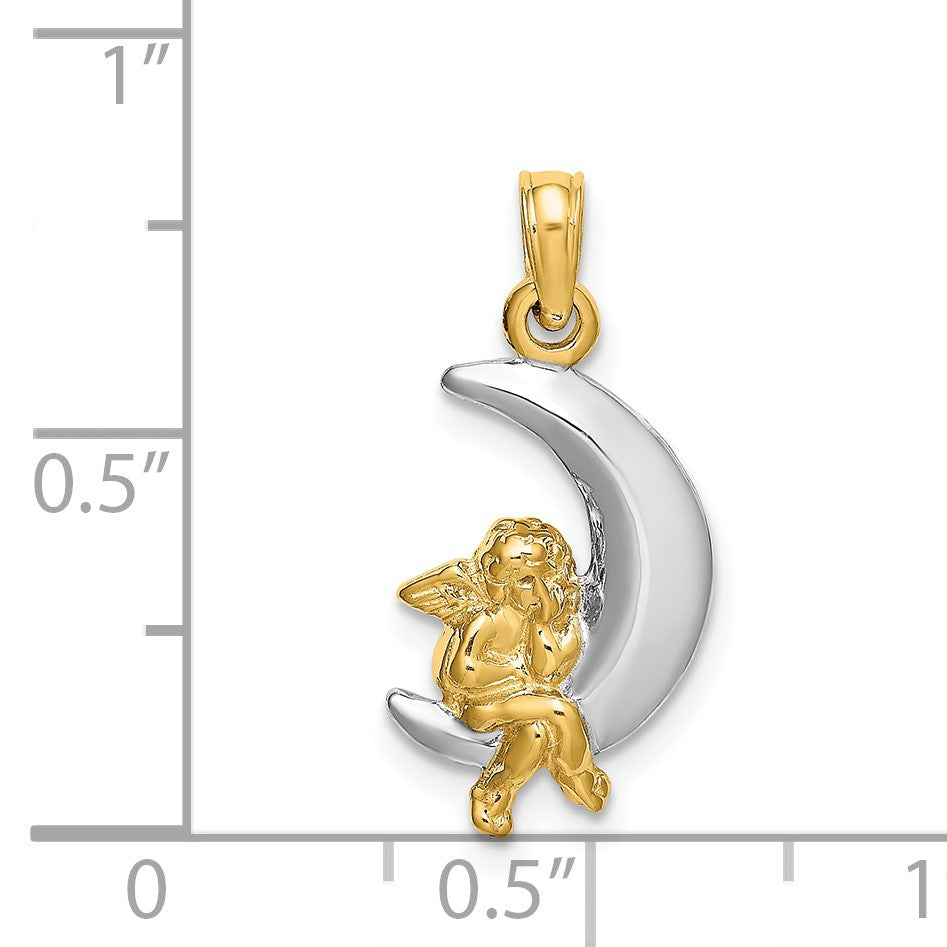 14K and White Rhodium 3-D Angel on Moon Charm