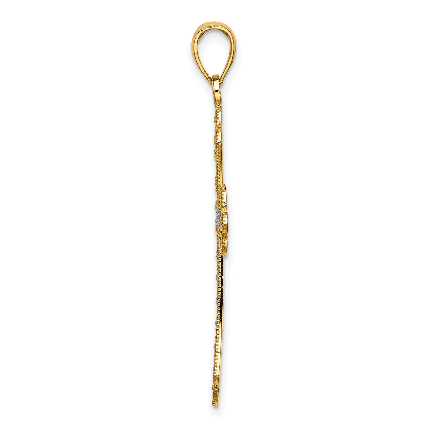 14K with White Rhodium Scalloped Edges Cross Charm
