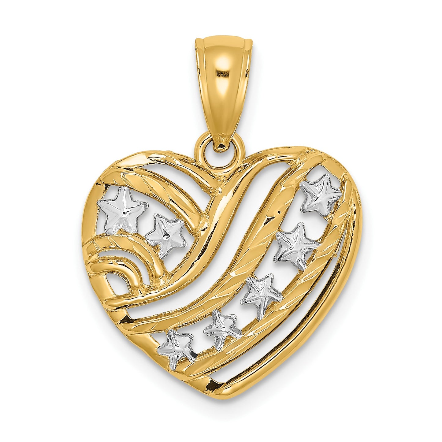 14k and White Rhodium Stars and Stripes Heart Charm