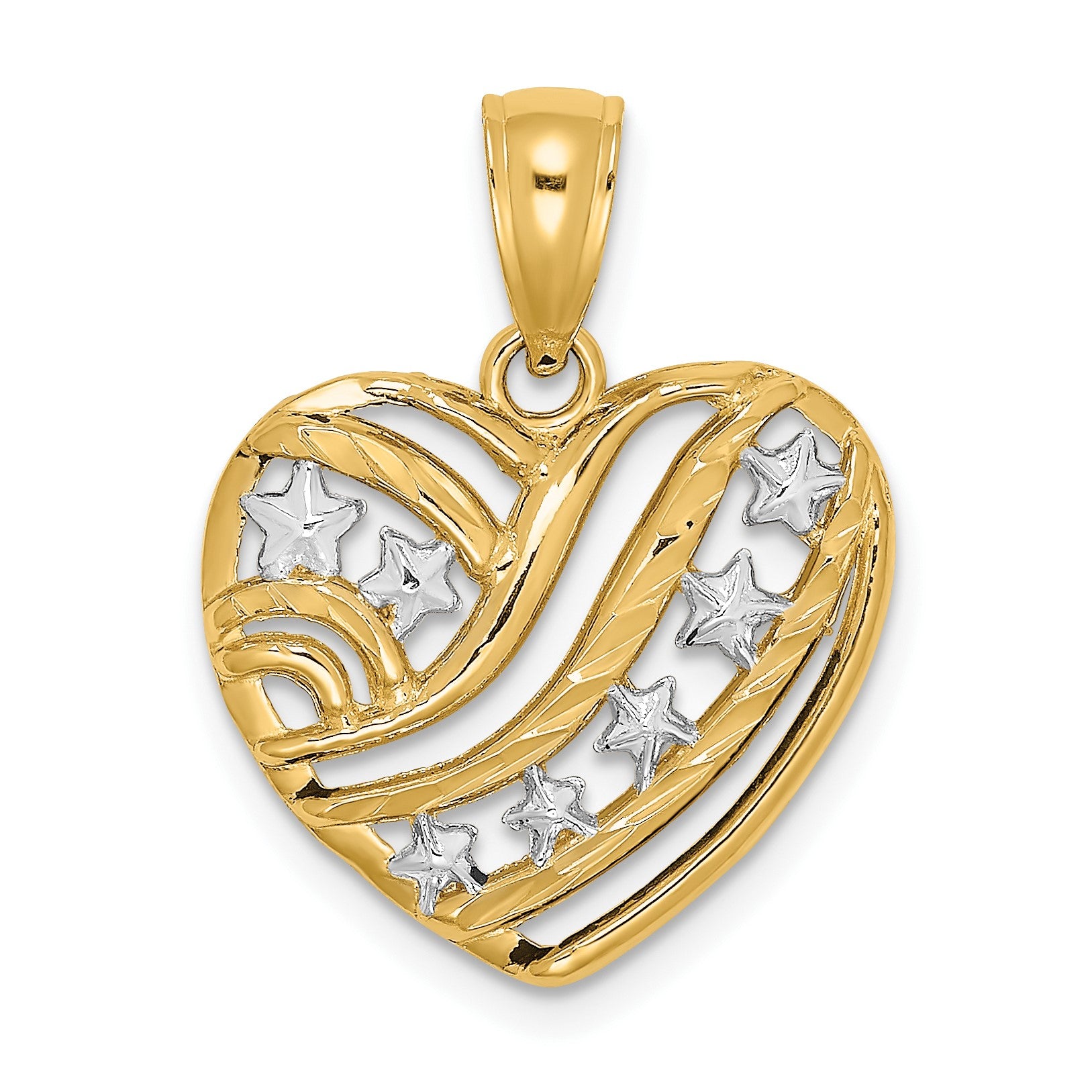 14k and White Rhodium Stars and Stripes Heart Charm
