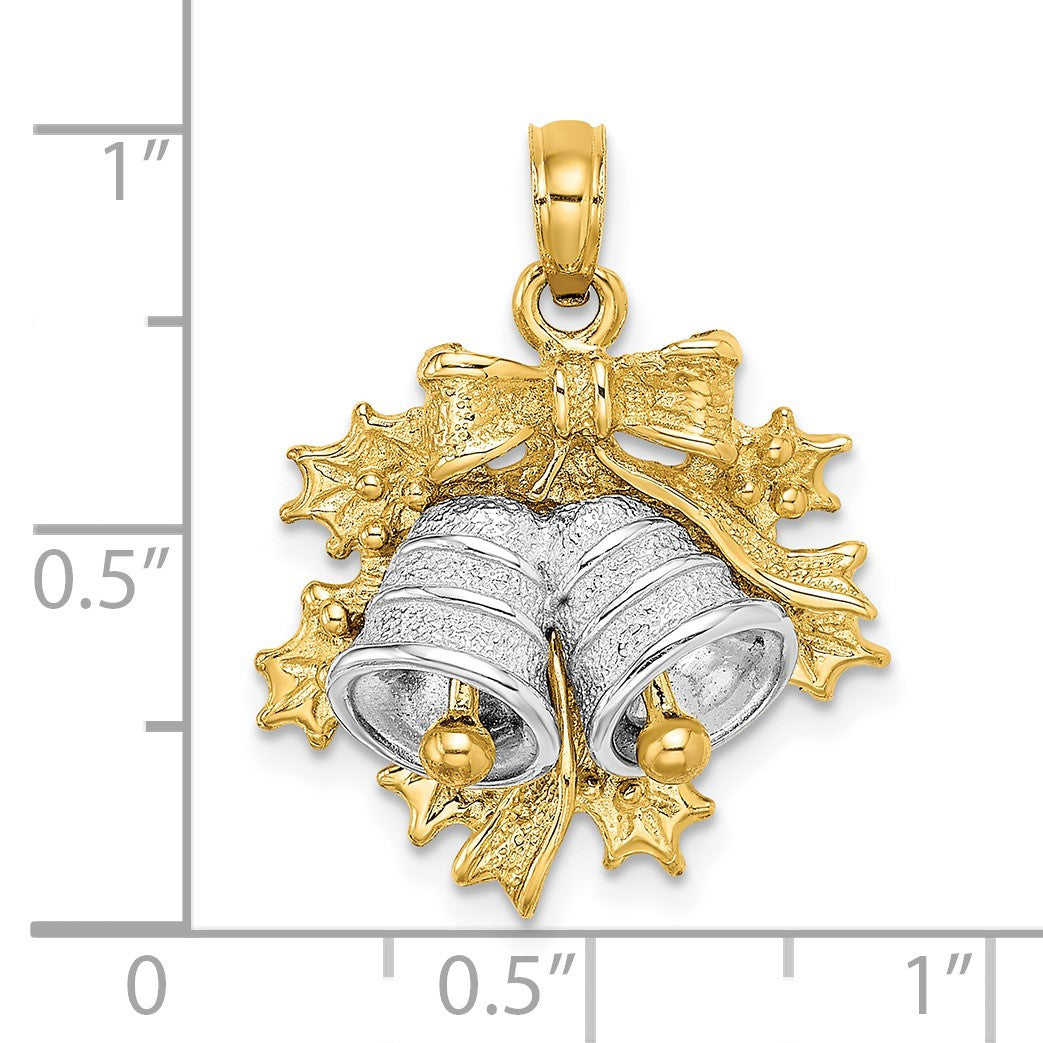 14k Two-tone 3-D Moveable Christmas Bells and Holly Charm