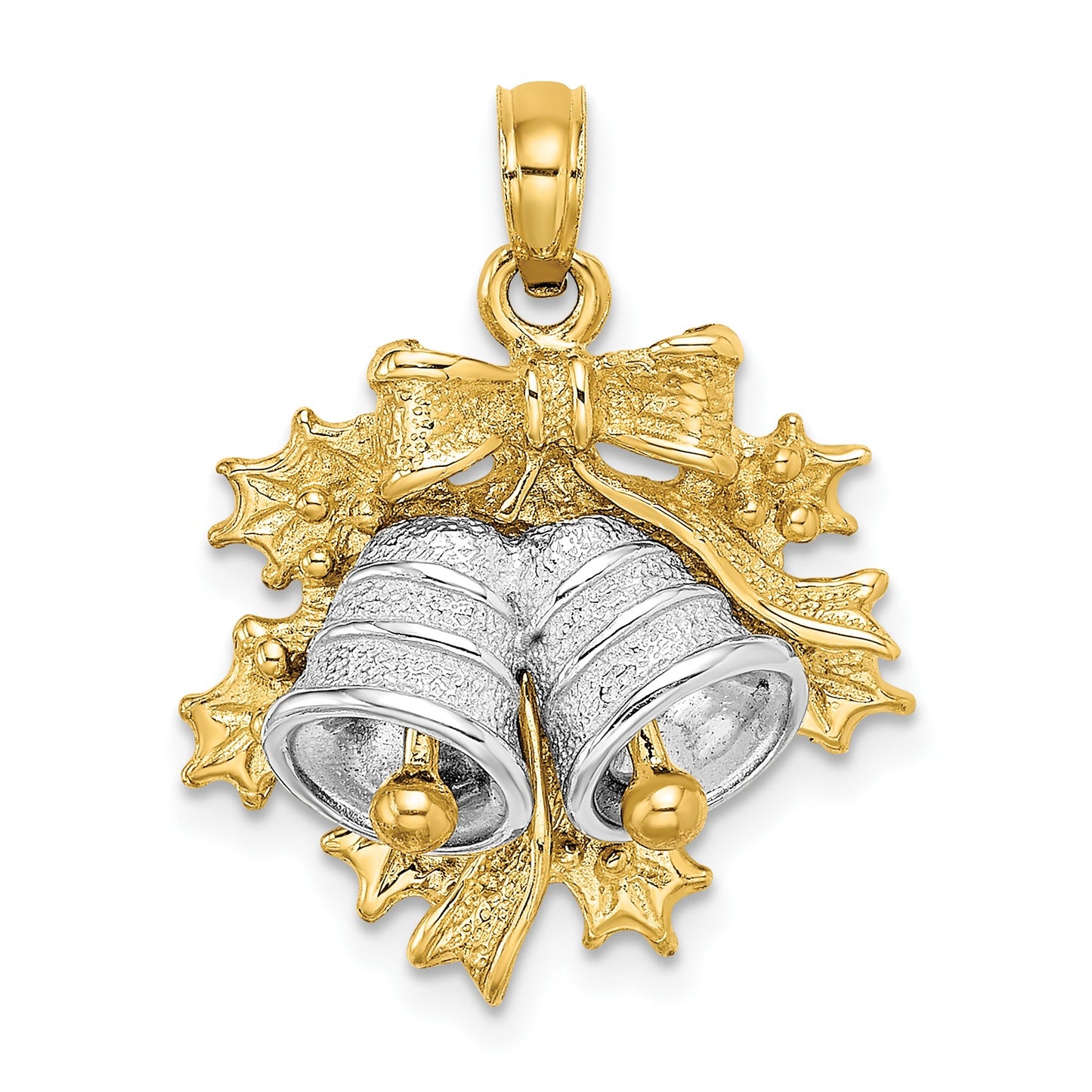 14k Two-tone 3-D Moveable Christmas Bells and Holly Charm