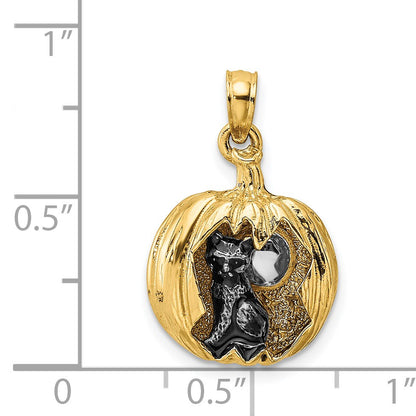 14k and Rhodium 3-D Jack-o-Lantern with Enameled Black Cat and Moon Charm