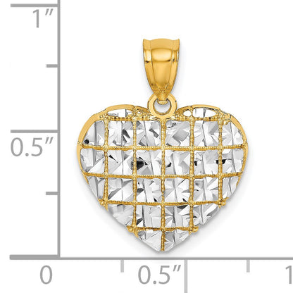 14k and White Rhodium Diamond-cut Grid Heart Charm
