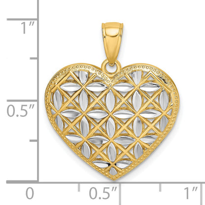 14k and White Rhodium Diamond-cut Leaves In Heart Charm