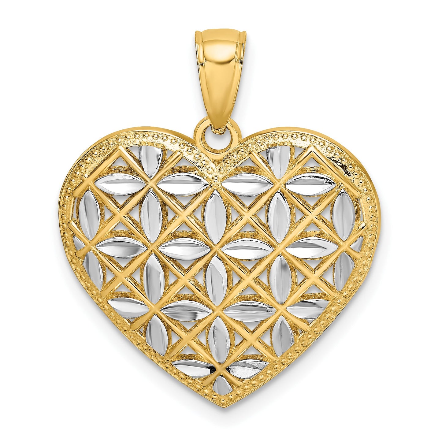 14k and White Rhodium Diamond-cut Leaves In Heart Charm