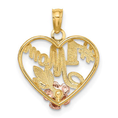 14k Two-tone with White Rhodium Textured #1 Mom Heart Charm
