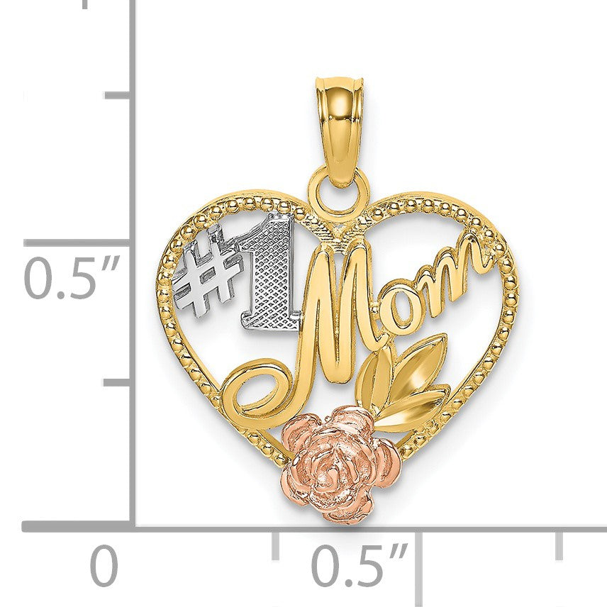 14k Two-tone with White Rhodium Textured #1 Mom Heart Charm
