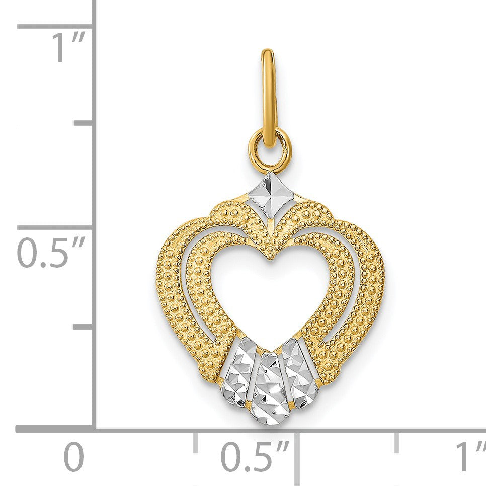 14k and White Rhodium Diamond-cut Textured Heart Charm
