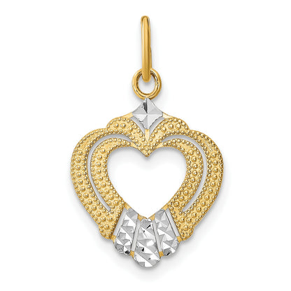 14k and White Rhodium Diamond-cut Textured Heart Charm