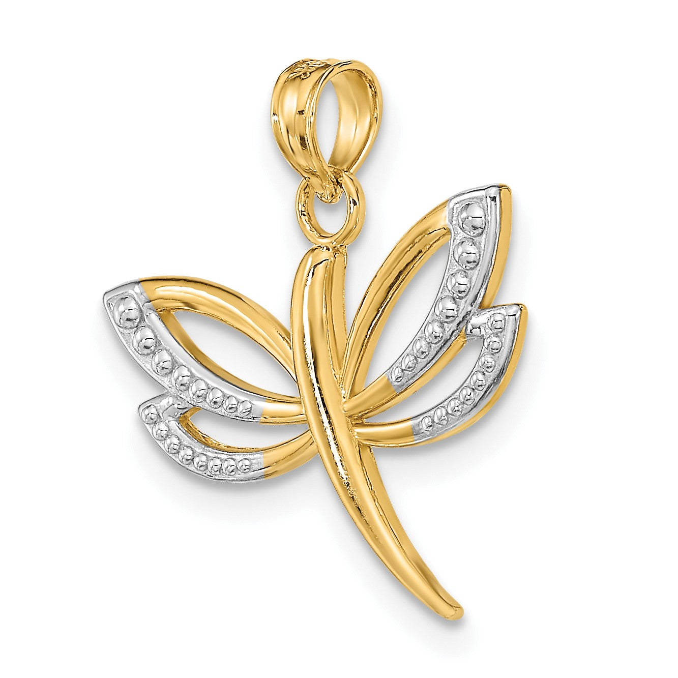 14k and White Rhodium Textured Dragonfly Charm