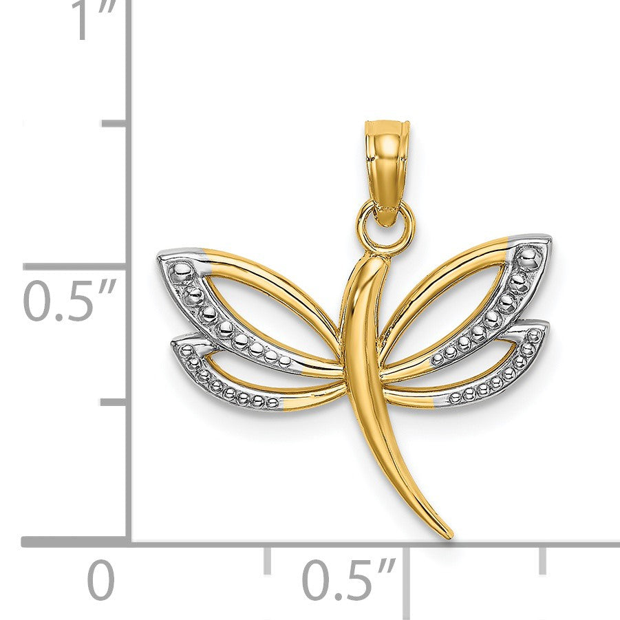 14k and White Rhodium Textured Dragonfly Charm