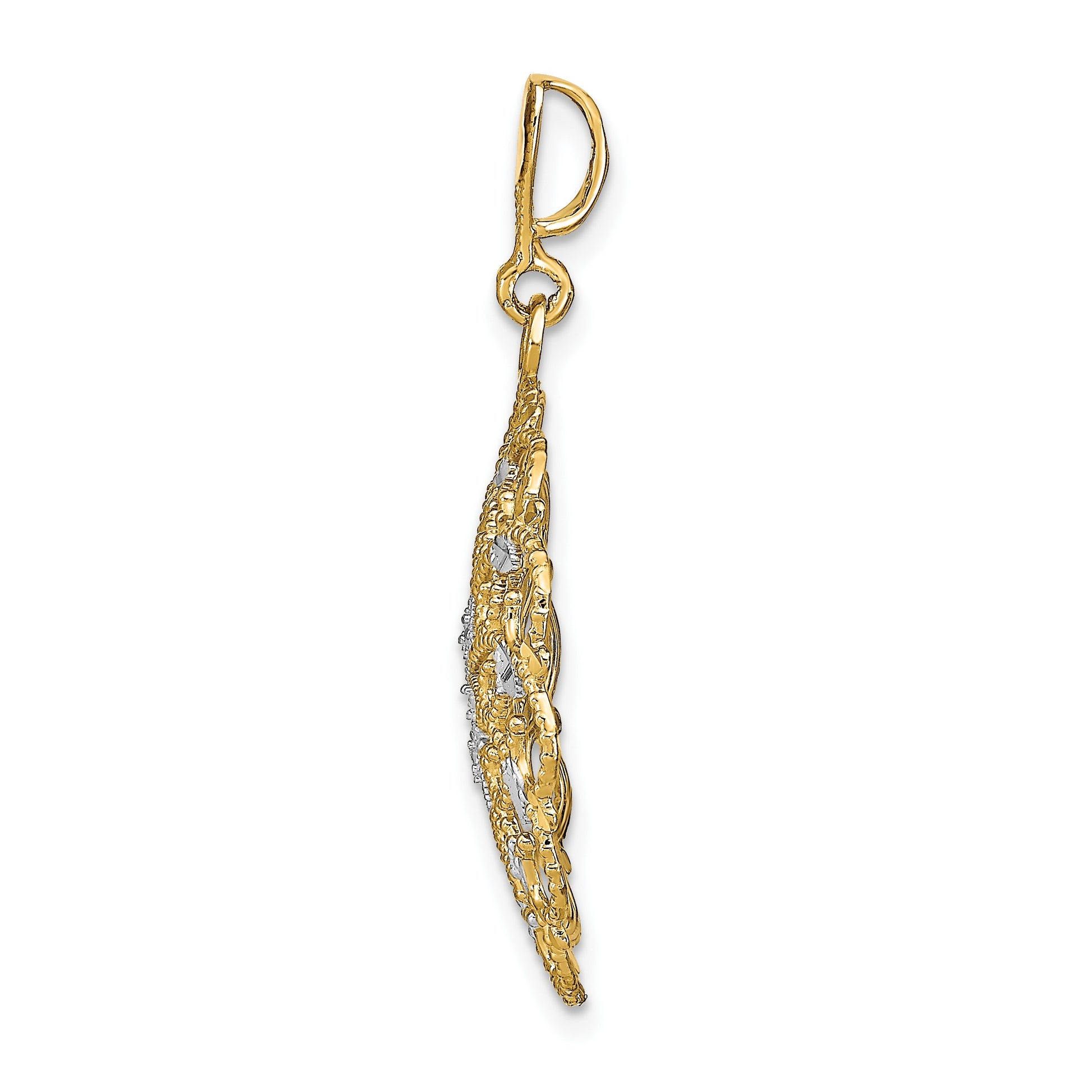 14K and White Rhodium Diamond-cut Scalloped Wave Charm