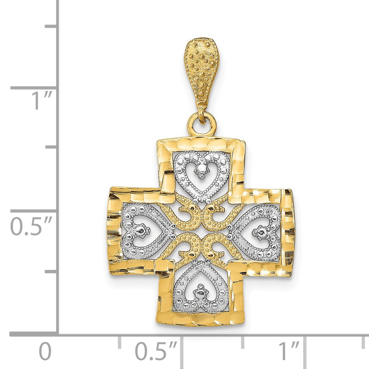 14K and White Rhodium Large Diamond-cut Hearts Maltese Cross Charm