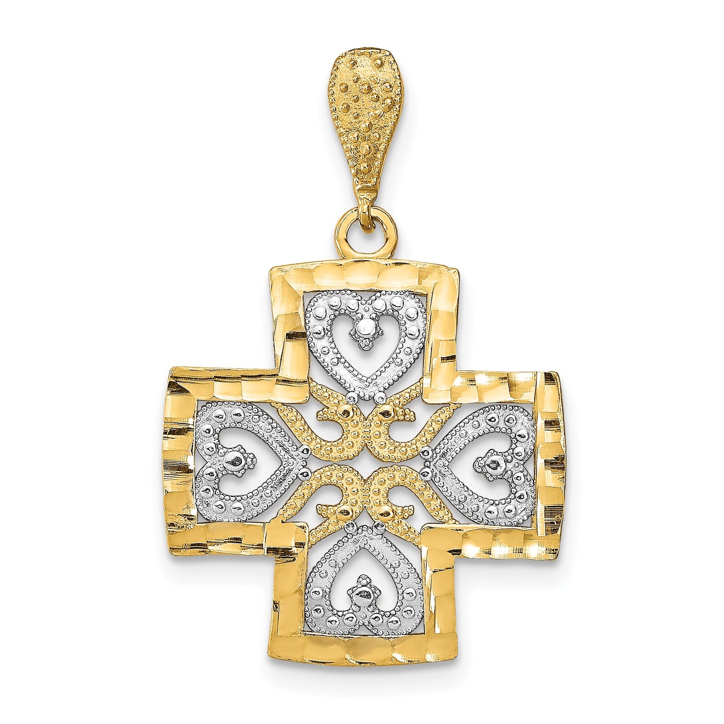 14K and White Rhodium Large Diamond-cut Hearts Maltese Cross Charm