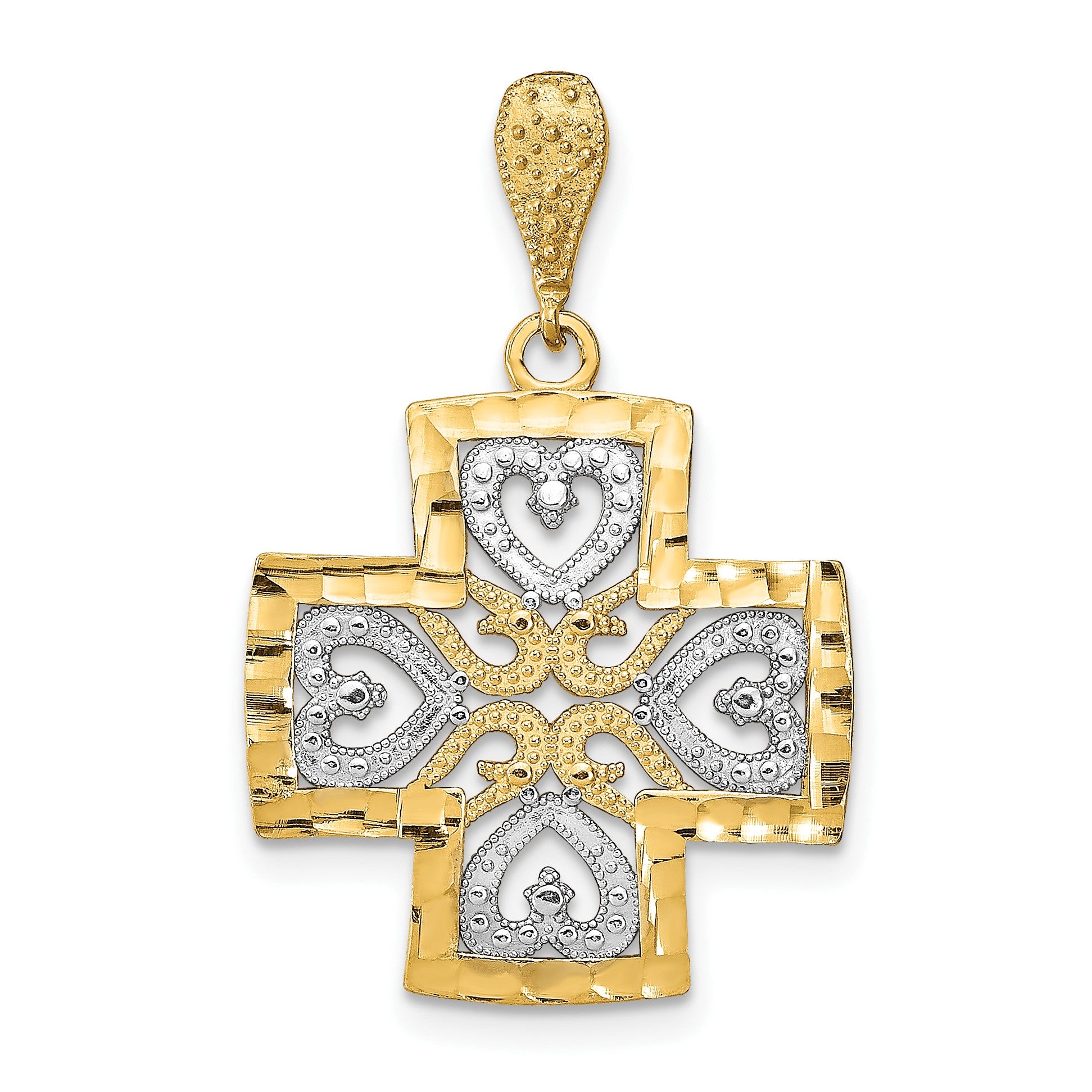 14K and White Rhodium Large Diamond-cut Hearts Maltese Cross Charm