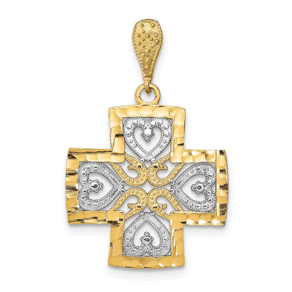 14K and White Rhodium Large Diamond-cut Hearts Maltese Cross Charm