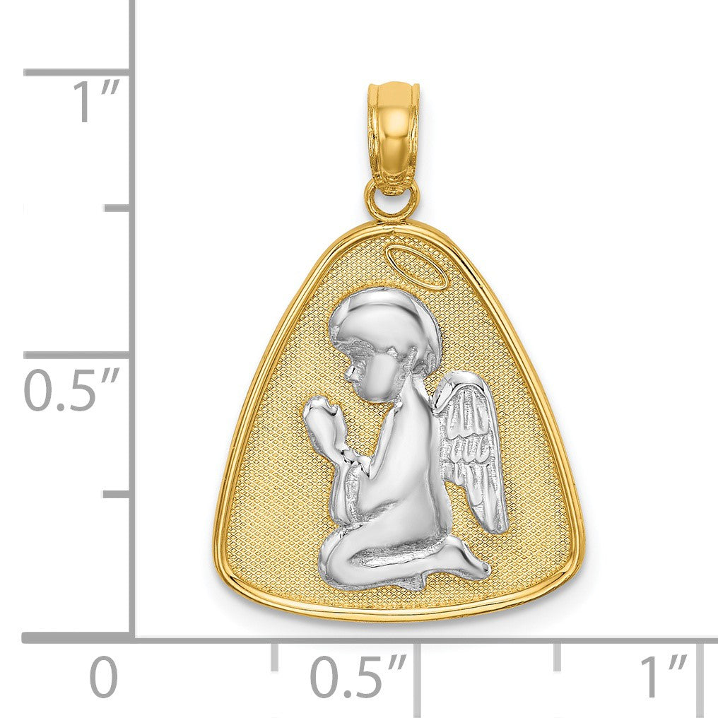 14K and White Rhodium Angel Praying with Halo On Triangle Disc Pendant
