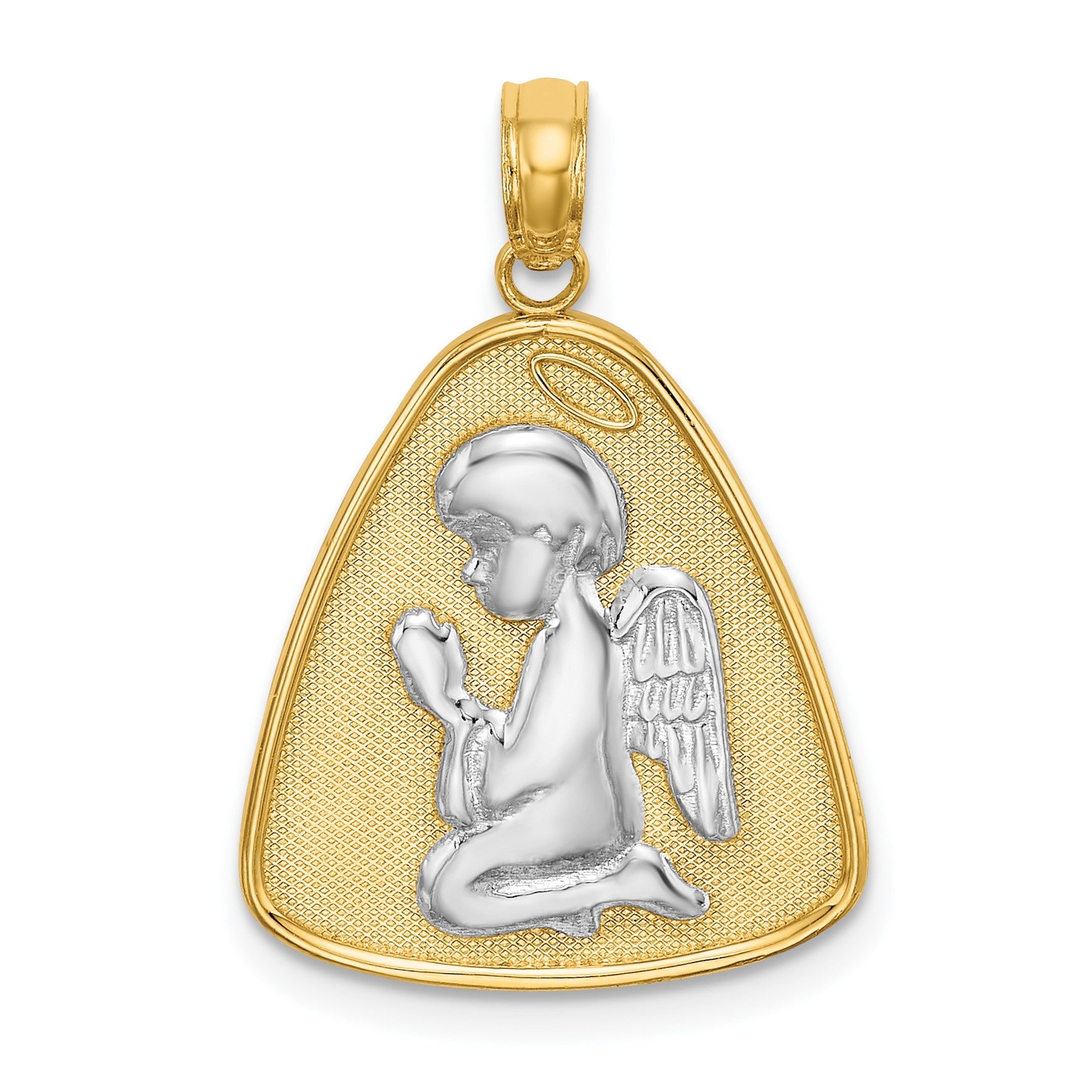 14K and White Rhodium Angel Praying with Halo On Triangle Disc Pendant