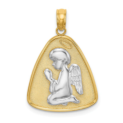 14K and White Rhodium Angel Praying with Halo On Triangle Disc Pendant