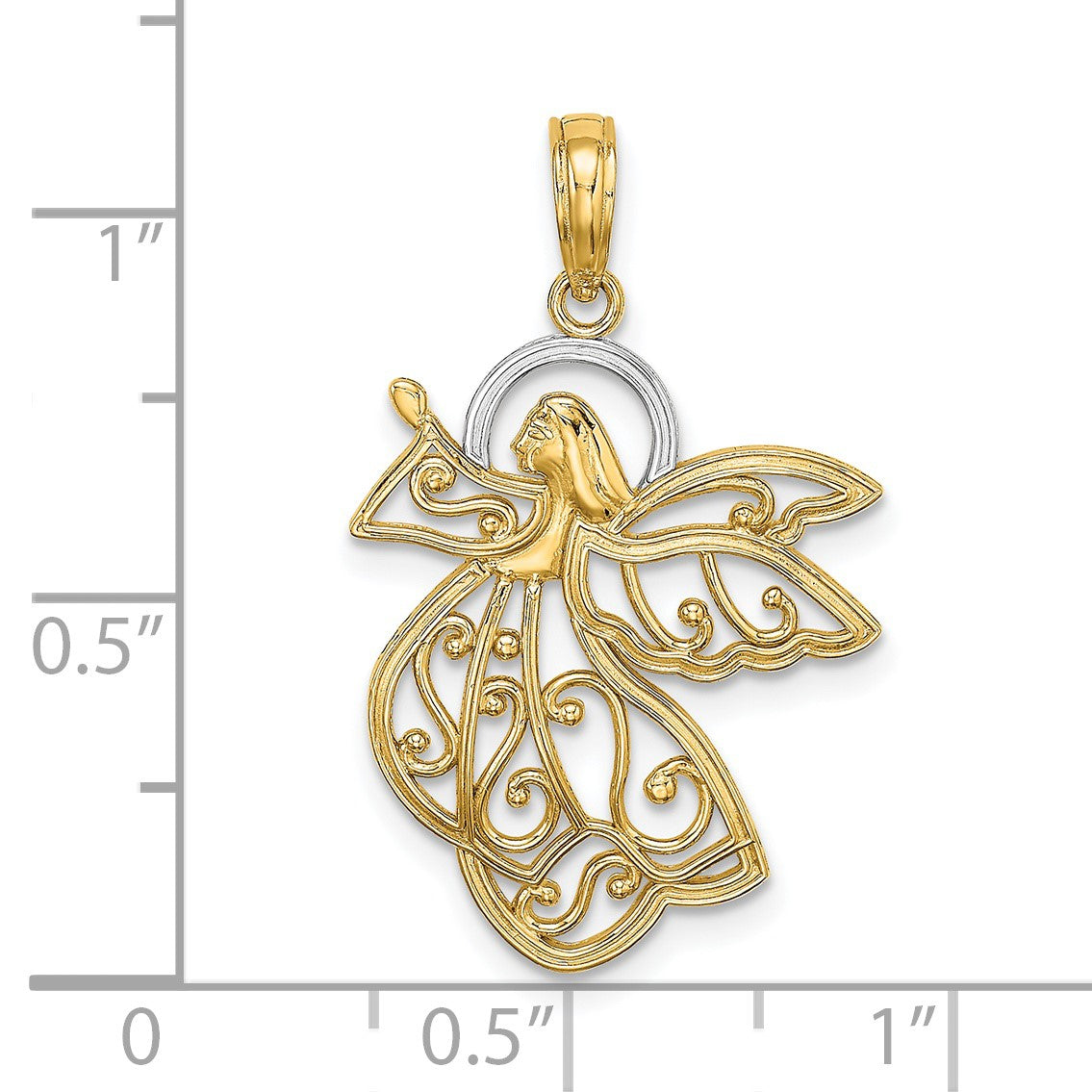 14K and White Rhodium Filigree Flying Angel Charm