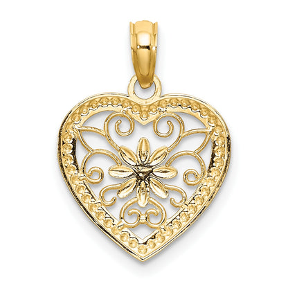 14k and White Rhodium Textured Flower Filigree Heart Charm